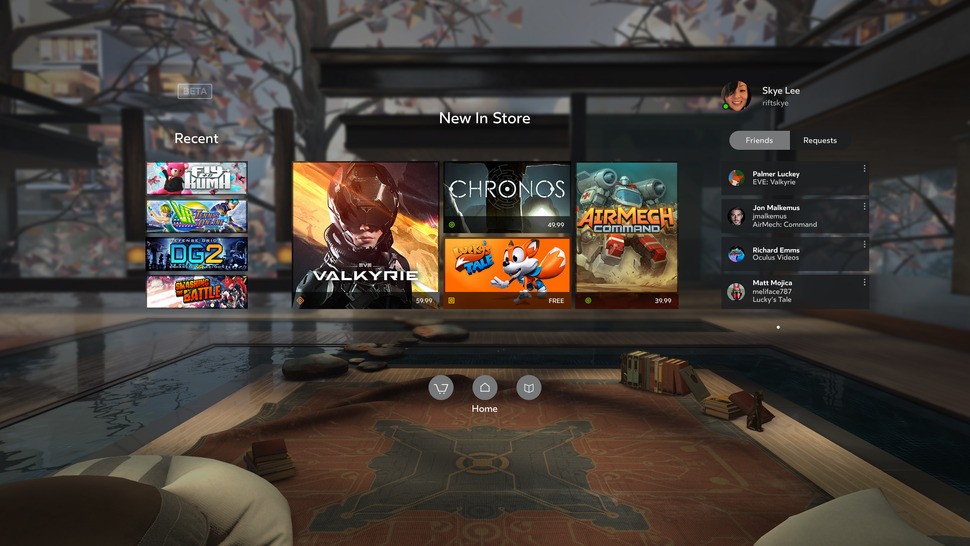 This 2D representation of Oculus Home doesn't really do it justice. It's a fully immersive UI, with all the functionality of a Steam-style client and the accessibility of a console front-end.