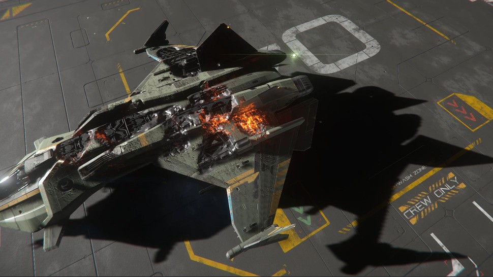 We'll be looking at micro-level detail next in Star Citizen. Here's a teaser image of battle damage on a starship