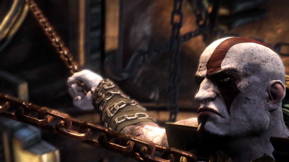 Kratos starts the adventure with his signature facial close-up. Detail is once again sky-high, but the real star of the show is the painterly use of lighting, which brings out all the bump-mapped creases and scars plotted across the character's skin