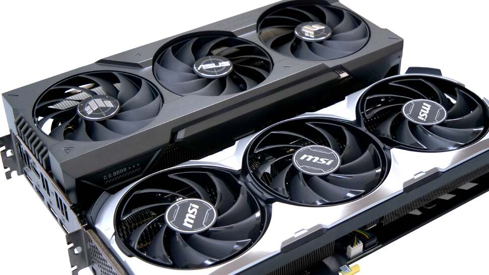 Both are extremely large GPUs. The MSI model is marginally longer than the Asus, but the latter is far bulkier and larger. Interestingly, the MSI model uses a much smaller PCB, but both are dwarfed by their Gigantor-class coolers