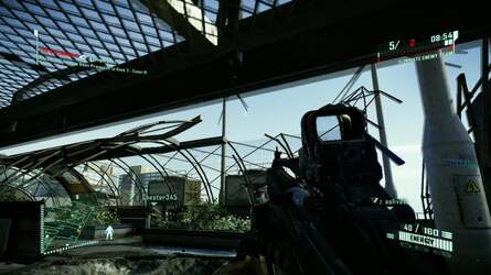 The temporal anti-aliasing in the Crysis 2 demo does a great job of edge-smoothing in static scenes but moving objects can produce noticeable ghosting artifacts.