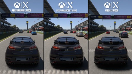 Three modes are available on Xbox Series X - visuals, performance RT and performance. The Performance mode lacks RT effects of any kind while racing.