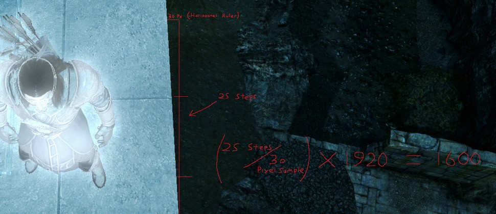 Pixel-counting Shadow of Mordor on Xbox One. We draw a 30-pixel horizontal 'ruler', drag it down until it meets an in-game edge and then count the stair-steps. There are 25 in total from the 30 pixel sample. (25/30) x 1920 gives us a 1600 pixel horizontal resolution. Click on the image above for full resolution.