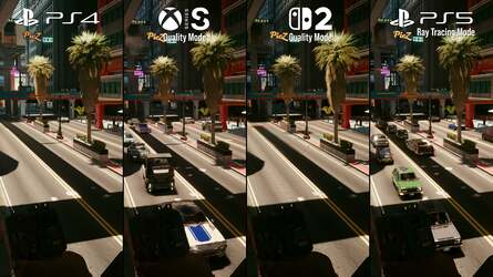 Here's how Switch 2 holds up against the last-gen PS4 version, the compromised Series S version and the "default" current-gen version on PS5. The left figure shows differences in texture quality, the right changes in vehicle density. Click to enlarge.