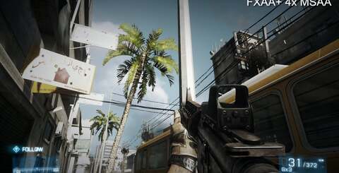 No anti-aliasing in the first shot and then we apply the various forms of AA the PC version of Battlefield 3 offers. The opportunity to utilise both post-process AA and 4x MSAA in the Ultra mode provides the best of both worlds.