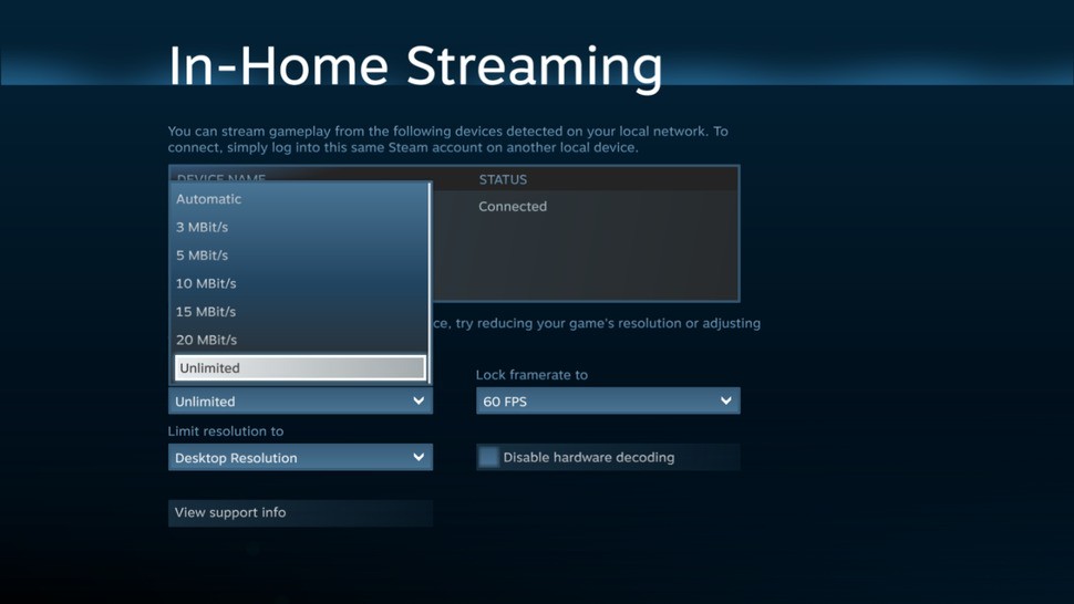You also have control over the bandwidth allocated to the game stream. Typically, the lower you go, the lower your latency. That said, we achieved sub 60ms lag even with the unlimited setting