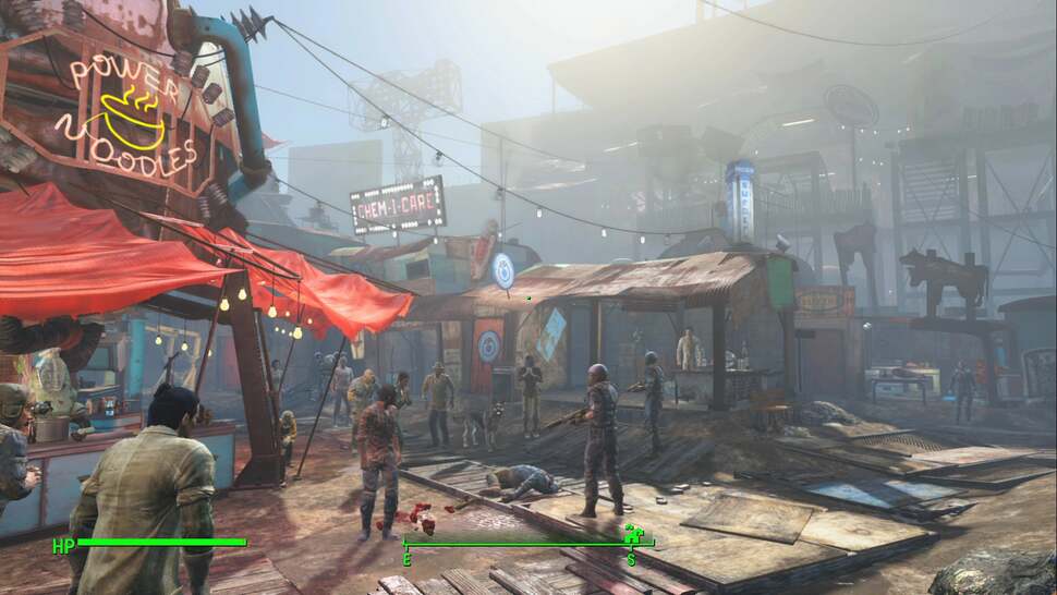 Outdoors, Fallout 4's heightened fog pays off handsomely with the new lighting model, giving the air in Diamond City a thickened appearance