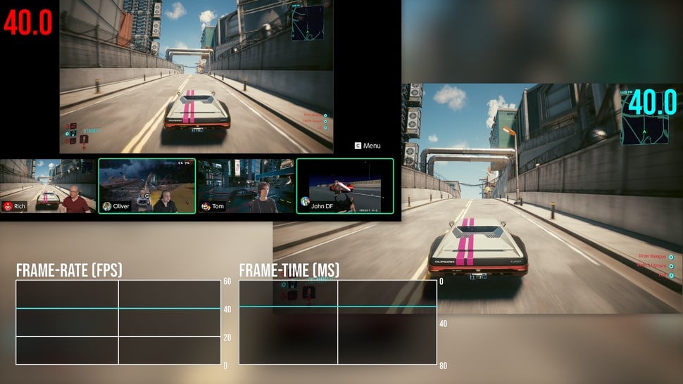 When the game is not maxing out system resources, it'll run in Game Chat identically to how it runs usually. Here, both Cyberpunk 2077 with game chat on or off are hitting the max 40fps in performance mode