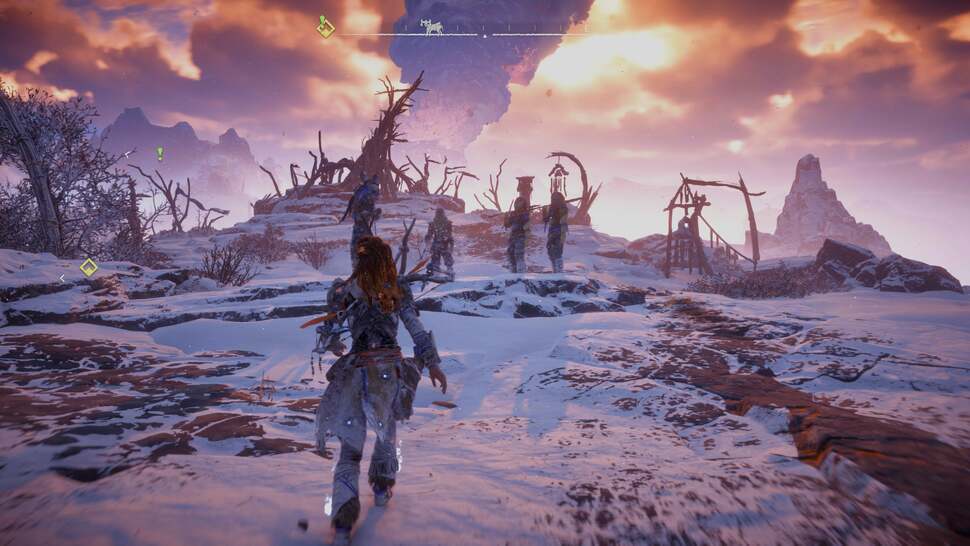 The lighting and colour palette choices in The Frozen Wilds goes beyond the already lovely areas featured in the original experience. The pinkish and orange hues of sunrise are breathtaking