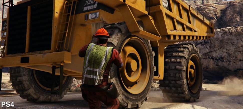 This single dump truck highlights a huge number of improvements made to the game's tech. Clearly, the model is significantly more detailed on PS4, wheels in particular, but it's also shaded more realistically with the use of ambient occlusion