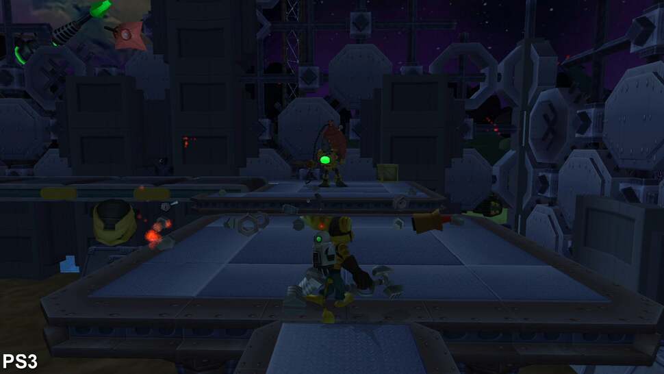 This industrial area on Aridia features additional light sources and shadows, giving the environment a more realistic look and feel. The original appears rather plain in comparison and lacks ambient illumination of the environment