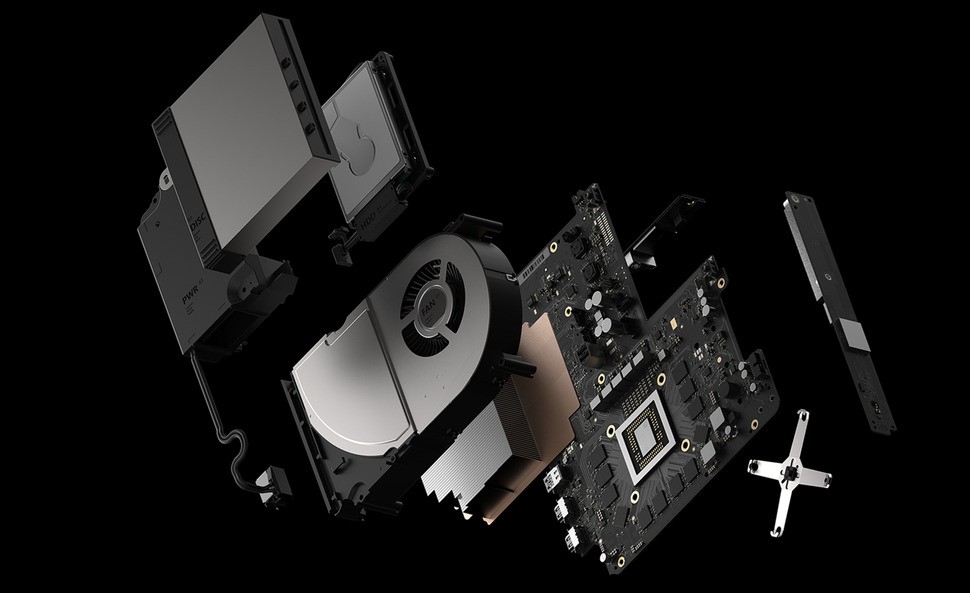 All of the major components that make up the internals of a retail Project Scorpio console, presented here in an exploded view.