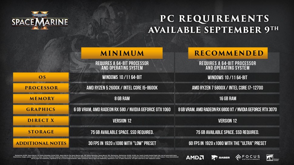 Space Marine 2's PC specs requirements may look onerous, but the preview code showed plenty of scalability on the graphics side and support for upscalers. It's heavier on CPU, as Saber's spec recommendations imply