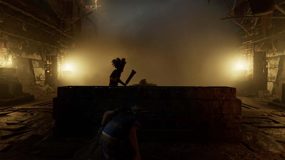 A fog volume is spawned when throwing a smoke cannister and the resulting effect interacts beautifully with nearby light sources