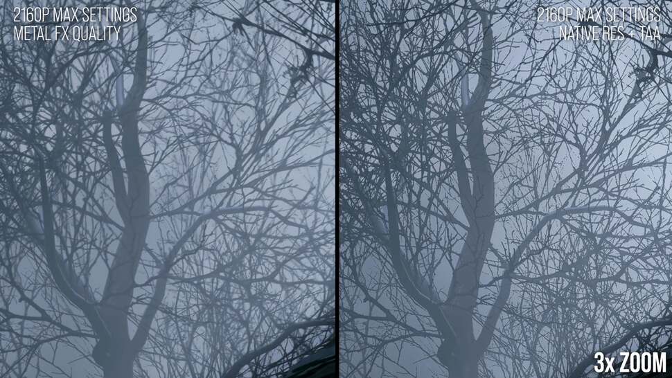 A closer look at the branches here confirms MetalFX Quality's superiority - but perhaps it's not a completely fair comparison as the game's TAA solution (working on consoles) does not function properly on PC or Mac