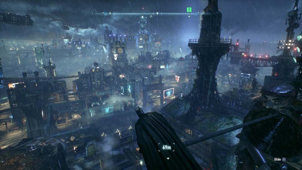 Atmospheric effects are added for the finale of the Arkham saga, such as rising plumes of smoke, plus a ceaseless rain that gives Gotham City its iconic image