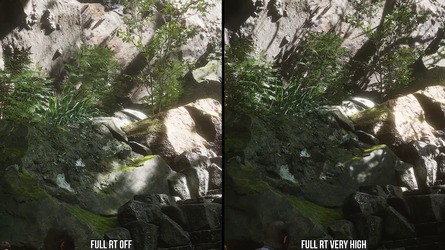 Shadow stability greatly improves with full RT enabled, preventing the flickering and blobby look sometimes seen in distant shadows on lower settings.