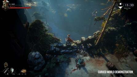 The curved world system takes inspiration from Animal Crossing, literally curving the world to enhanced draw distances are you can see by looking yonder in these two shots.