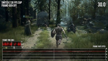 Here are the three performance modes: standard 30fps, uncapped, and uncapped with frame generation. None of these are quite perfect in terms of execution. 