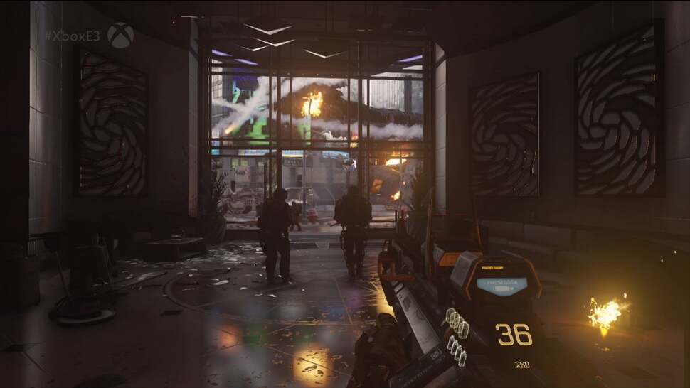 Screen-space reflections return in full effect from Ghosts. Skyscrapers and marble flooring reflect the world's many light sources in real-time, with no baked-in fakery