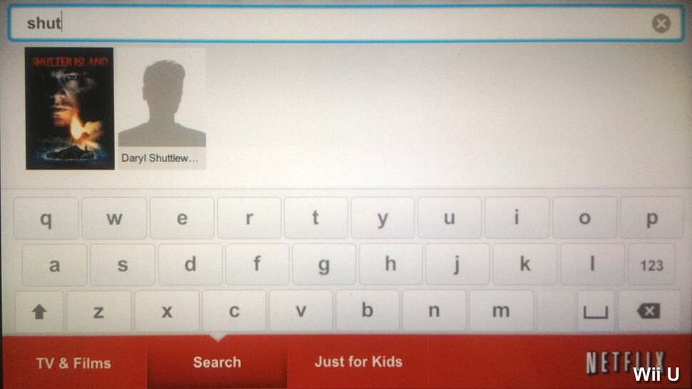 Searching is also possible on both services using the Wii U GamePad's the touchscreen. Results are displayed on the HDTV for both services, but also appear on the GamePad  at the same time with Netflix