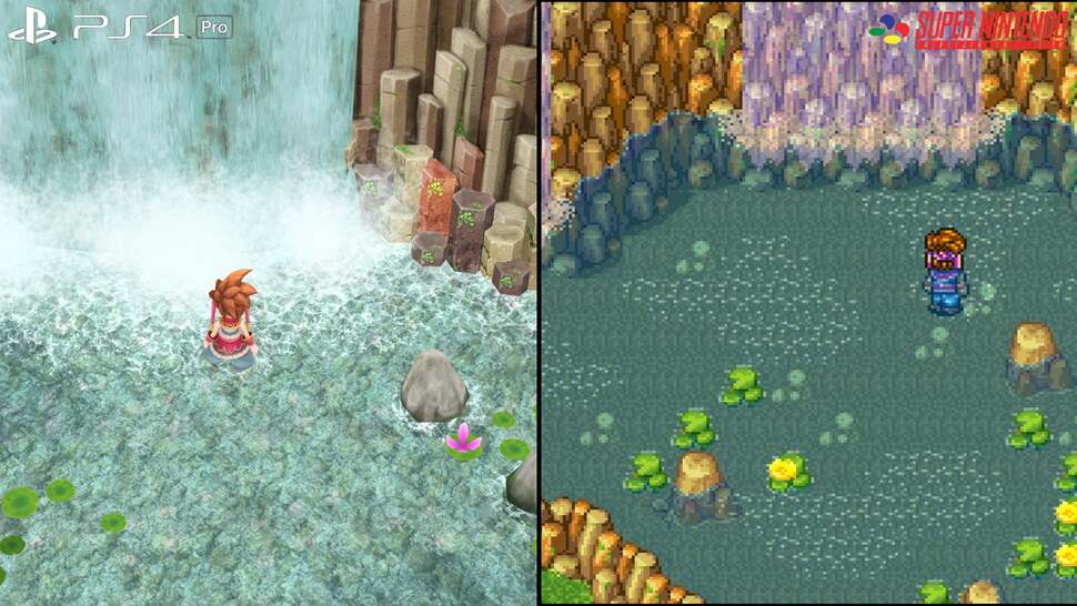 A remake vs Super NES head-to-head! First impressions left us wanting as the crystal-clear pools of water in the original Secret of Mana are reduced to a messy water shader in the remake