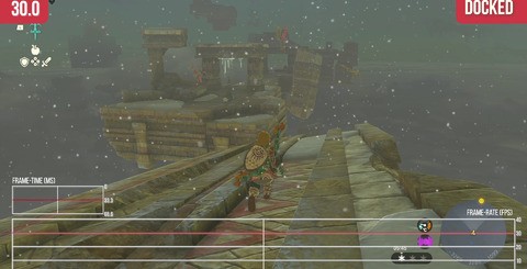 The top shots show Tears of the Kingdom throughout the majority of play - a properly frame-paced 30fps. The bottom shots show the extent to which the demanding physics of the Ultrahand capability can impact performance. Combine Ultrahand with a demanding area like Kakariko Village and frame-rates can be impacted to a prolonged degree.