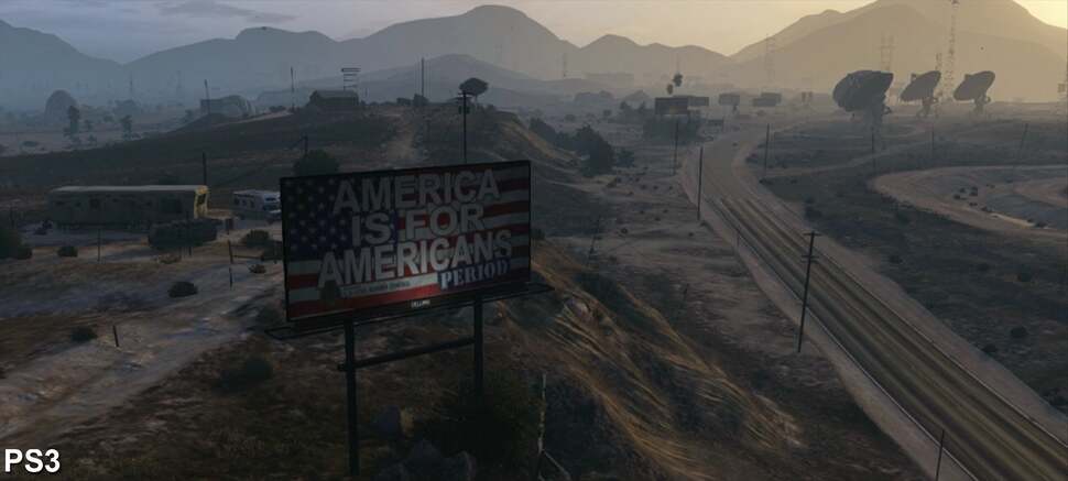 A distant view into the desert quickly reveals the increase in distant detail on PS4. Increased texture detail and LODs are in evidence - even the distant billboards are lit on PS4 while completely flat on PS3