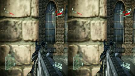 Here's how Crytek handles 3D on Xbox 360 - a machine that doesn't support HDMI 1.4 3D modes. The screen is split into two - the so-called side-by-side mode - and the screen then scales this into a full image per eye. In the left shot you can see an example of the reprojection blind spot - in theory the views should be very, very different.