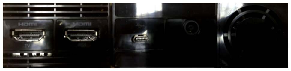 A look at the rear of the external processor box, with all major inputs and outputs, plus the fan vent. From left to right we have HDMI out, HDMI in, micro-USB and the power input.