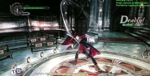 Crosstalk can be an issue on some content. The ghosting on the trees in Crysis on PS3 is noticeable in the shot here, but it's really distracting during actual gameplay. However, on most content, the display works admirably as the Devil May Cry shot demonstrates. Click on the images for higher resolution versions. Note that these photos were taken through lens of the glasses to illustrate the crosstalk effect.