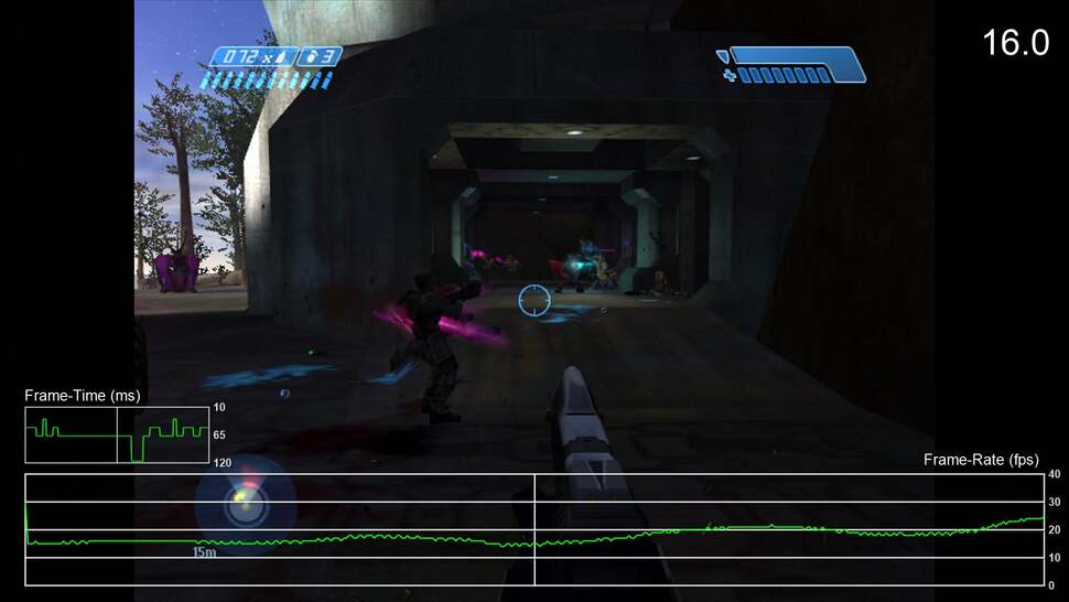 Running the original Halo from disc under back-compat on Xbox 360 is a totally viable way of enjoying the game. There's enhanced image quality, but where OG Halo drops frames, Xbox 360 drops harder.