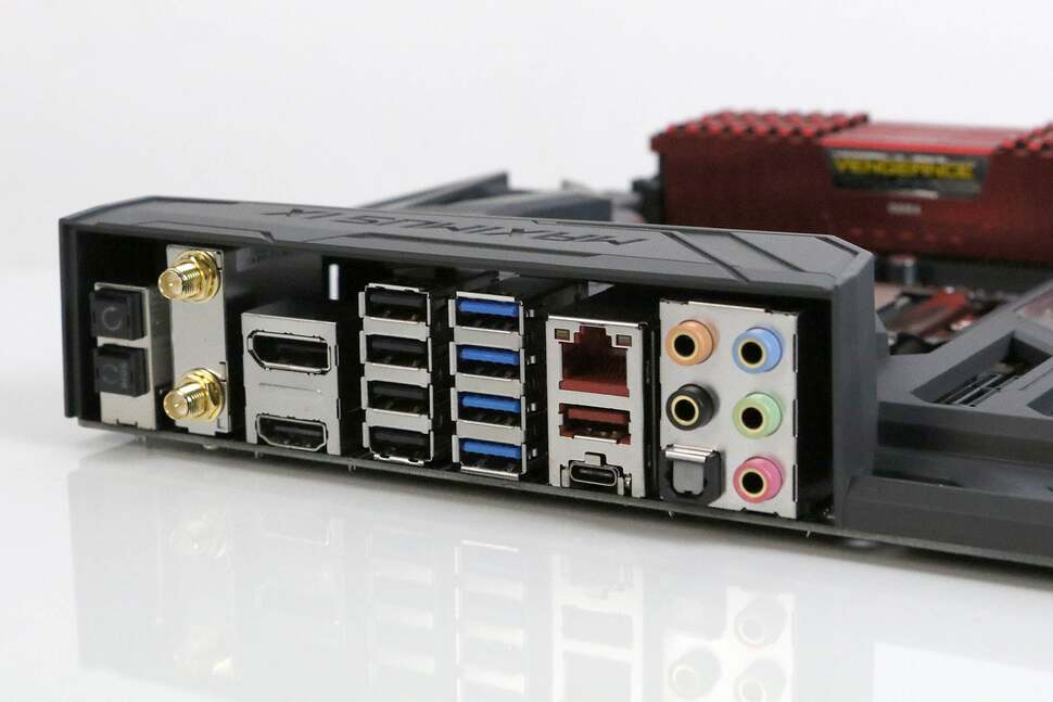 A look at the rear of the Asus board. Connections include eight USBs, WiFi, analogue and digital audio, DisplayPort, HDMI, USB 3.1 - and more