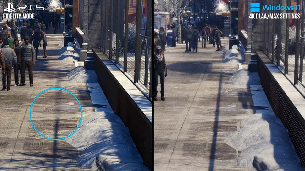 The circled area on the left highlights the shadow map cascade - that's the point where higher quality shadows give way to lower quality shadow maps. This quality difference and the associated pop-in does not happen with RT shadows