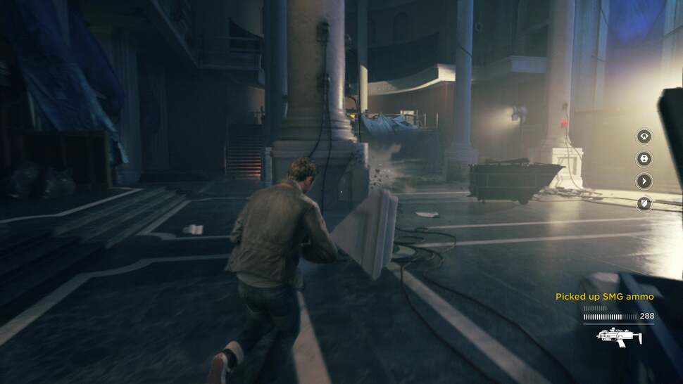 The use of chip damages across some environmental surfaces adds extra dynamism to action scenes. Here we see how bullet impacts cause a layer of the stone pillar to crumble away