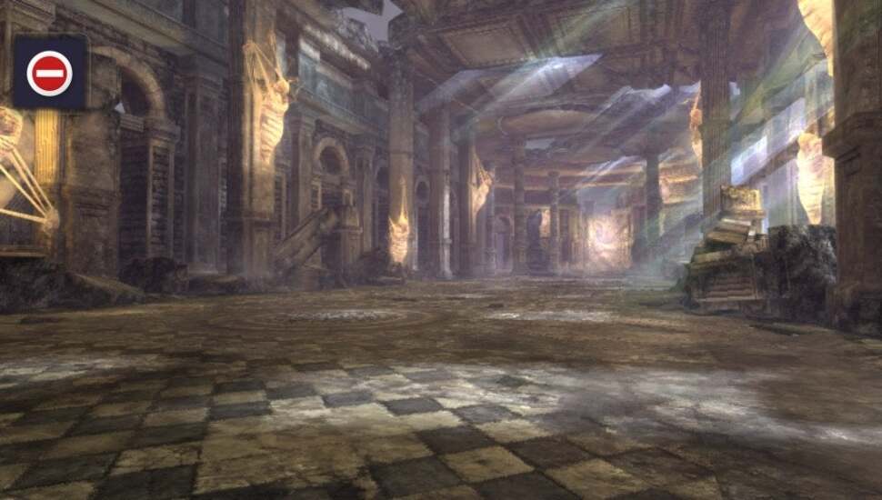 Indoor areas feature a different lighting set-up: bloom is considerably reduced, while static light shafts (created using textured geometry) replace the more computationally heavy real-time alternative found elsewhere