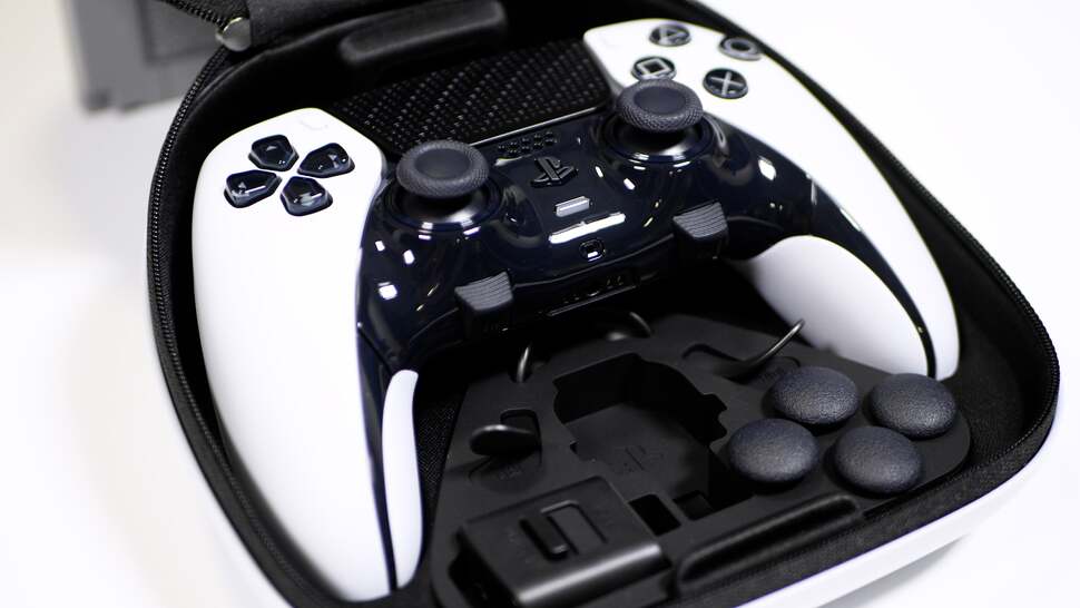 The DualSense Edge and its accessories come in a case, even permitting the controller to be charged inside