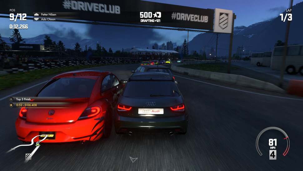 All reflections are also dynamic in DriveClub. In this shot the light to the left and wing mirror are both reflected on the blue car's bodywork. However, the car itself does not reflect in it's own wing mirrors