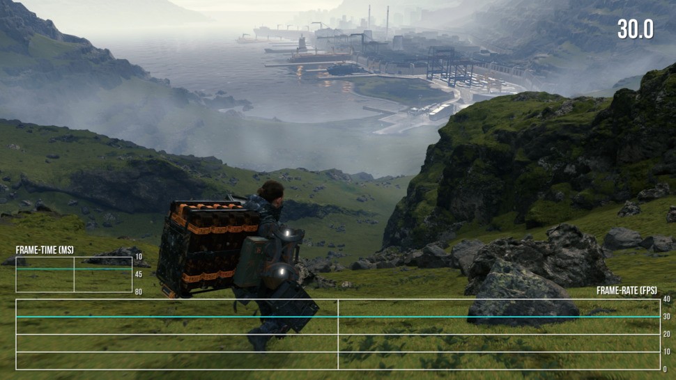 The vast majority of Death Stranding plays out at 30 frames per second, with v-sync enabled - meaning no screen-tearing