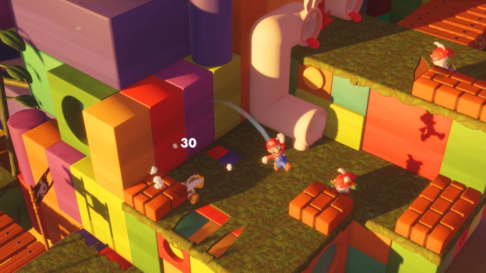 Shadow map filtering is well implemented and helps minimise artefacting even at steep angles such as this. This scene also demonstrates the strength of the engine's lighting as even the flat-colored blocks decorating this area appear almost tangible