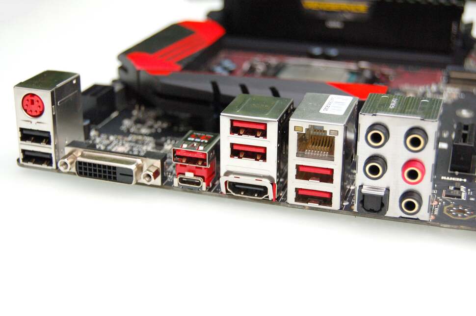 The all-important back panel shot. USB 3.1 abounds with a range of Type A and a single Type C connector. There's HDMI and DVI video outputs, analogue/digital audio, plus a Killer LAN socket. And it's illuminated too - useful for PCs stowed in dark places