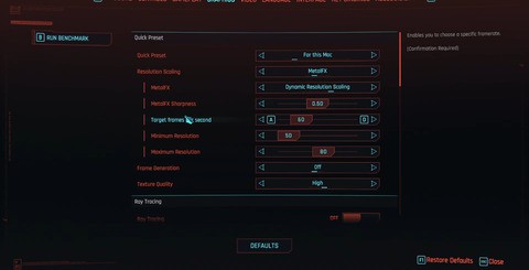 On the MacBook Pro 16 with the M4 Max processor, the "for this Mac" setting delivers 1440p output using MetalFX upscaling with dynamic resolution scaling, RT disabled and targeting 60fps. The game runs at full performance level from battery, lasting 78 minutes - impressive stuff.