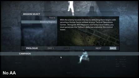 As AMD's MLAA is a post-process shader effect, it edge-smoothes the entire screen, including text, which suffers as a result. Sony's system gets to work on the image before the HUD is added.