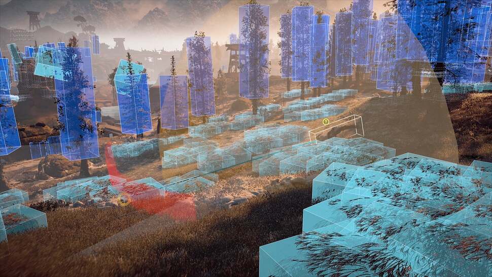 The developers can define the distance and degree to which enemies can see the player while placing plants and other objects, seen here in blue boxes, for the player to hide in