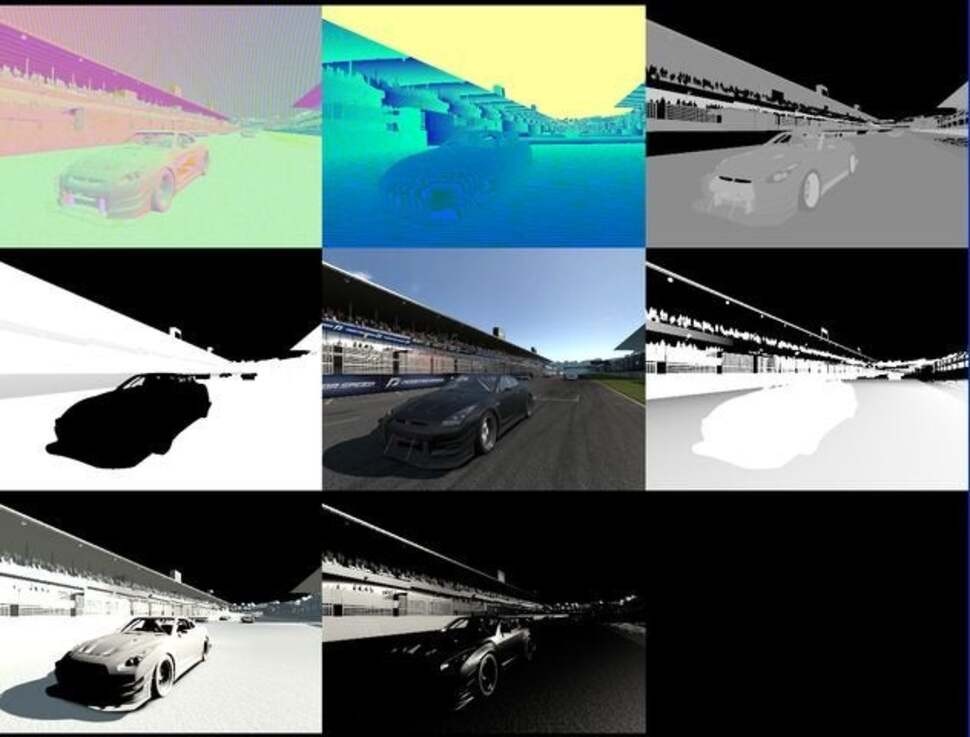 A breakdown of the different rendering passes used to create the frame in the centre - an interesting insight into how a deferred frame is broken down into individual buffers which are then combined for the final image.