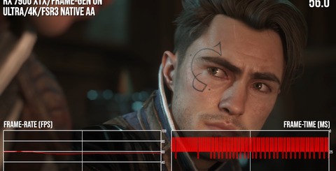 Headline frame-rate improvements are highly impressive, as you can see here with both AMD and Nvidia flagships tested. However, in the second group of figures, something's up with frame-pacing. 56fps via frame-gen has highly variable frame-times that a 'native' 56fps does not. It's not a GPU problem - the 4090 had the horsepower to show you how v-sync should present in a 120Hz container at a similar frame-rate.
