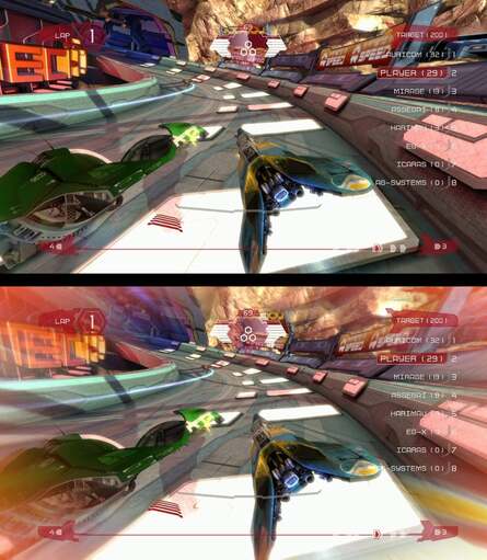 WipEout may be compromised in frame-rate, but the 3D effect is still potent. However, screen-tear only ever affects one eye at a time, leading to a somewhat jarring effect.