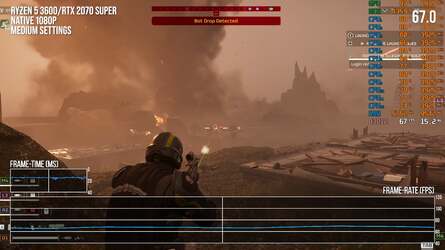 A look at Helldivers 2's general performance level on 1080p medium settings (left) with a Ryzen 5 3600 and an RTX 2070 Super, while on the right, it's the maxed out experience with a Ryzen 7 7800X3D paired with the RTX 4090.