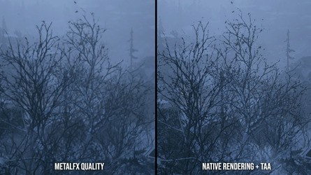 The most important setting to tweak is image reconstruction, with MetalFX in quality mode outperforming the native resolution and TAA combination in terms of detail. However, as the right image in this sequence shows, MetalFX can have some issues rendering transparent surfaces, like the surface of this river.