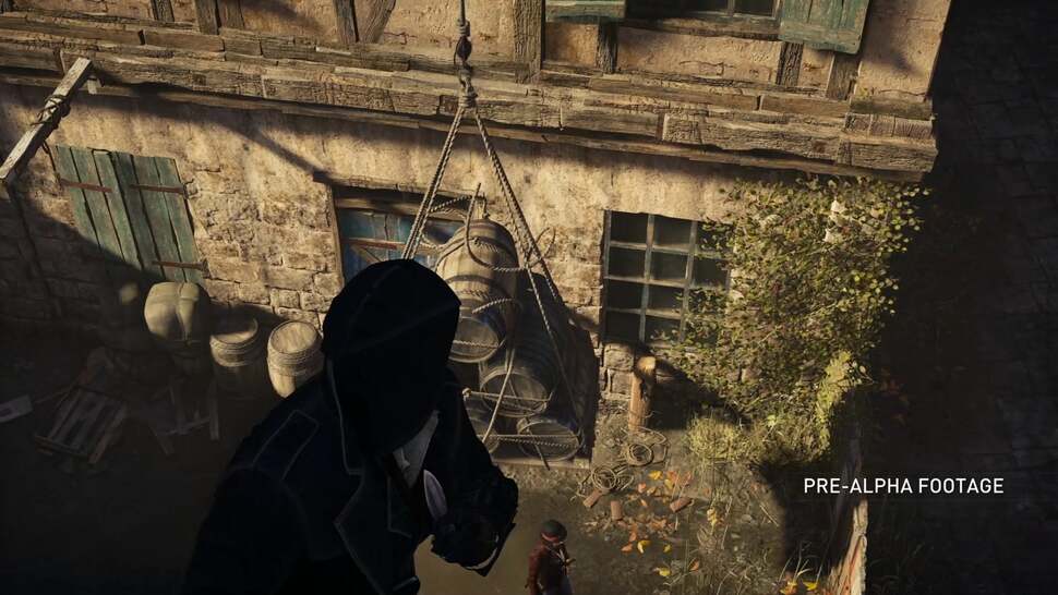 Environmental kills are added to the mix, shown here as Jacob drops a bunch of wooden barrels onto the enemy below. The effect seems unintentially almost comical and lacking in imagination. Debris also disappears rapidly, compromising the effect